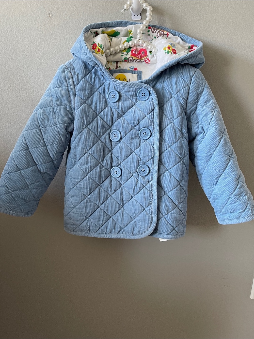 Baby Boden Light Blue Quilted corduroy’s Double-Breasted Hooded Pea Coat
